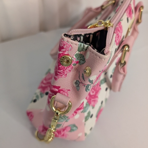 Betsey Johnson Pink Rose And Polka Dot Floral Handbag Tote Satchel EUC - Picture 10 of 12